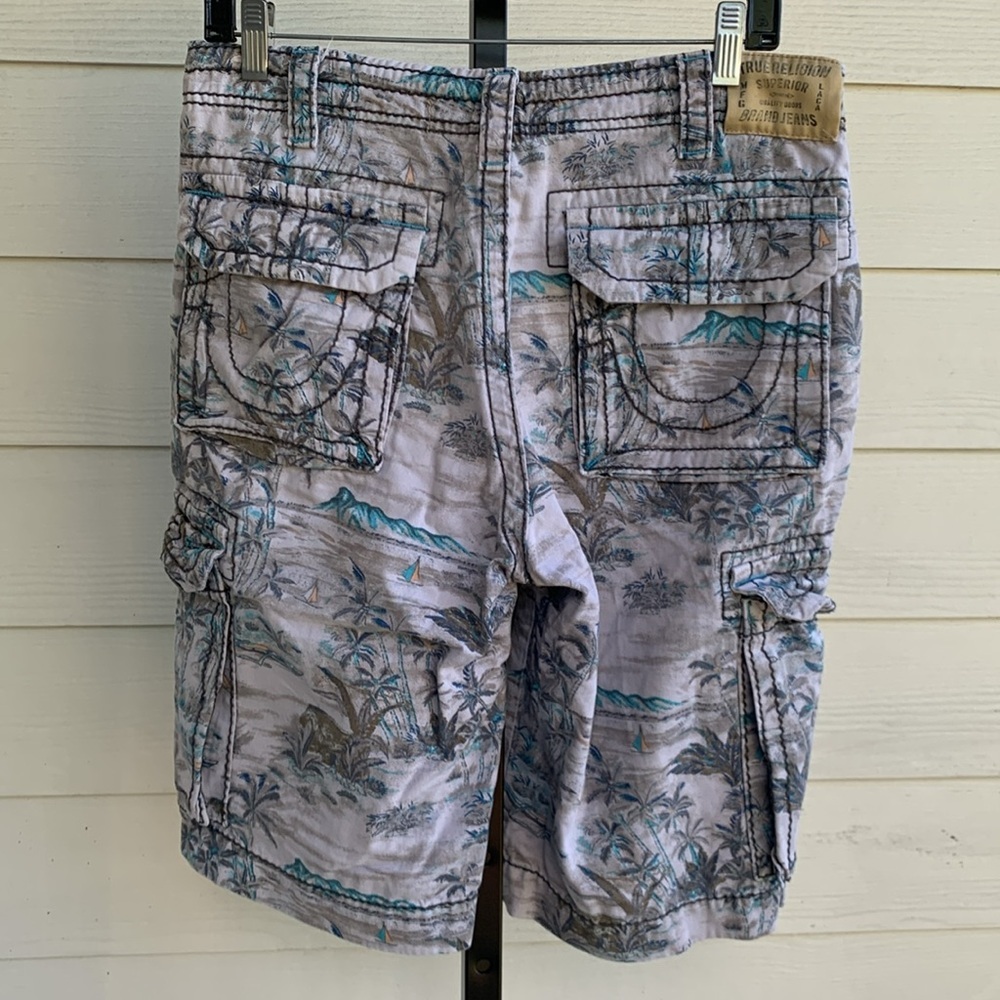 Y2k True religion isacc big t cargo palm tree print mens shorts 28